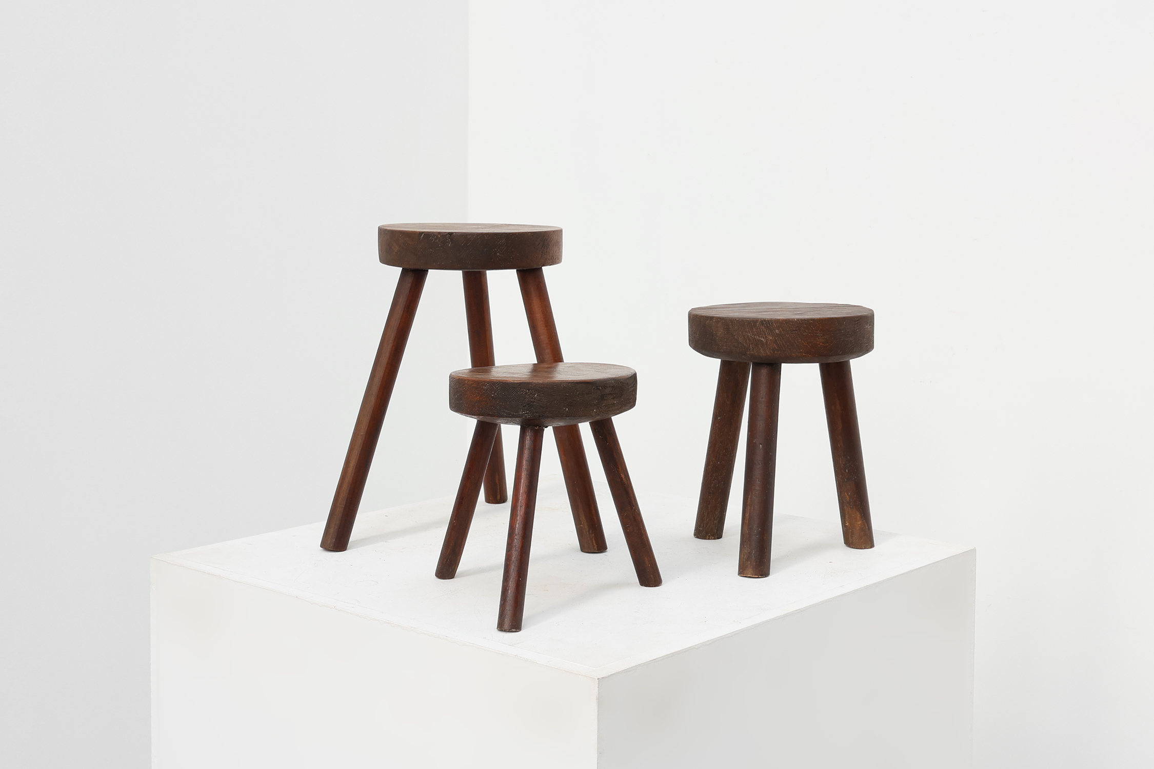 Rustic oak wooden tripod stool, France, ca. 1900thumbnail